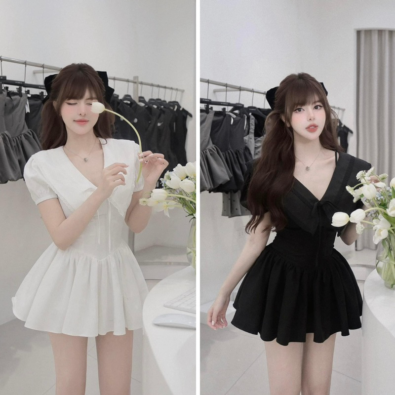 [New/ sẵn] Đầm hela cổ V viền ren đính nơ tay bồng chất thô có lót quần sang chảnh Mileya Dress