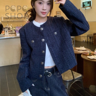 Áo khoác dạ Tweed xanh navy dáng croptop khuy kim loại phong cách Hàn Quốc