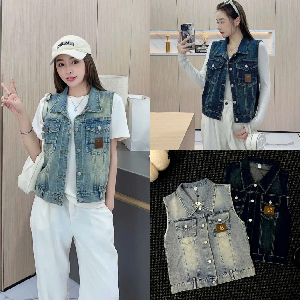  Áo Khoác Jean Nữ Sát Nách Bò Mài Qc,Áo Gile Jean Phối Túi Ngực Size S M - Halinh Shop - Áo Jean Qc Sát Nách 