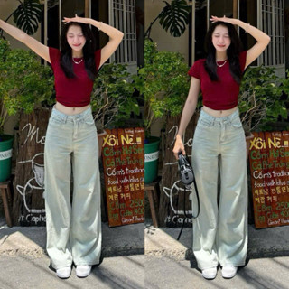 Quần Jean Nữ Ống Rộng Xanh Bạc Ánh Rêu QC  Quần Bò Jeans Dáng Suông ống rộng Trơn BASIC