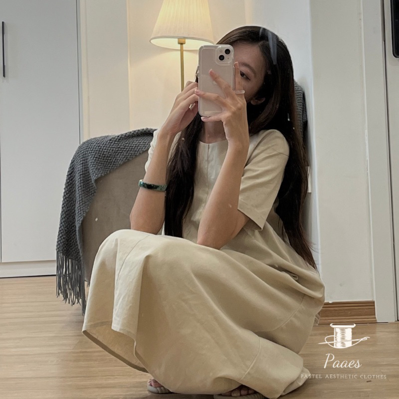 ✿ Váy cộc tay linen PAAES cổ tròn dáng suông chữ A tối giản và thanh lịch [ ảnh tự chụp ]