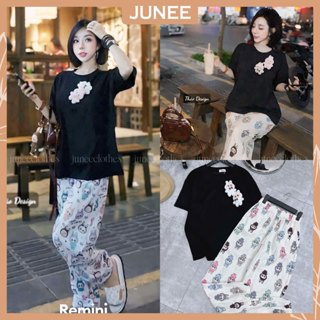 Set Bộ Đồ Nữ LABUBU Áo Phông Đính 2 Gấu Mix Quần Dài Bom Ống Họa Tiết Gấu Chất Gân Nổi Dáng Freesize