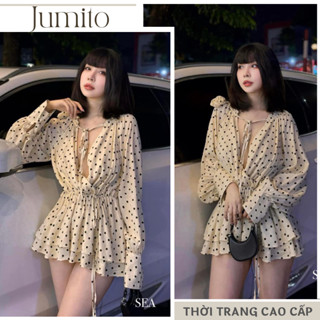 Váy nữ thiết kế phong cách tiểu thư Jumito, đầm nữ tay bồng hoạ tiết chấm bi chất liệu vải đũi mát mẻ HCOM2901