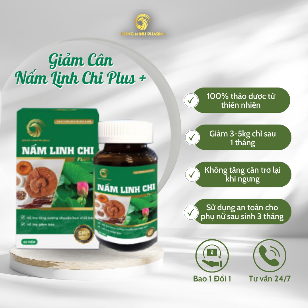 [Giảm cân] Viên Uống Giảm Cân Nấm Linh Chi Plus Hồng Minh Chính Hãng - Tháng Giảm 3-8Kg - Hỗ Trợ Giảm Mỡ Thừa Hiệu Quả