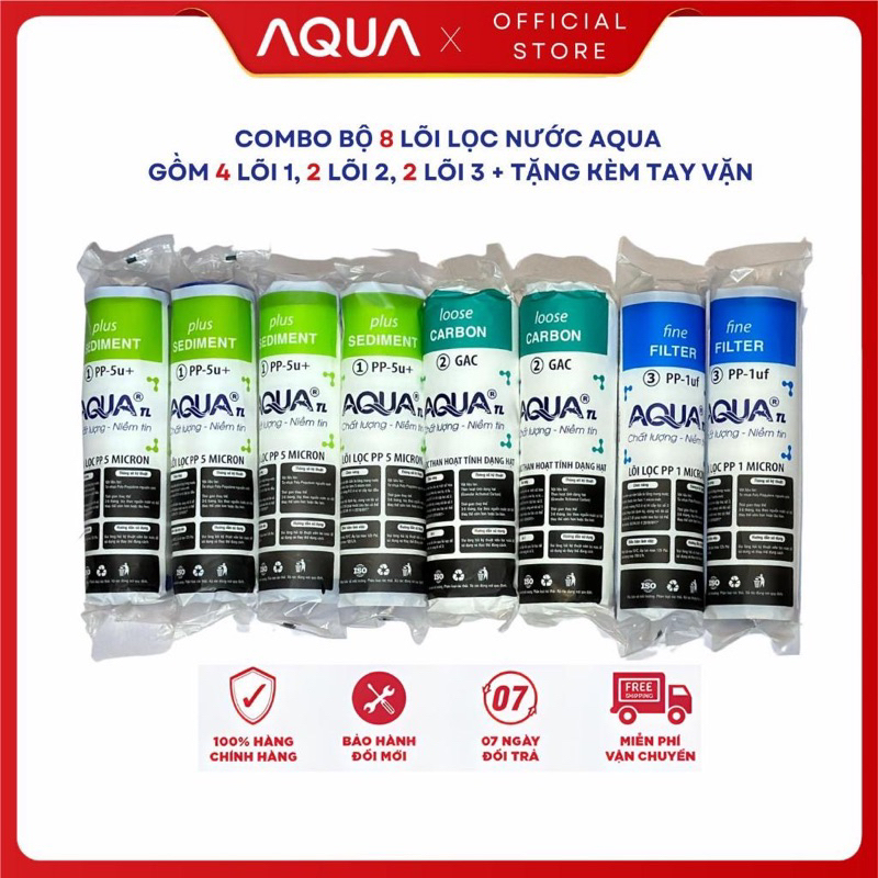 [TẶNG TAY VẶN] Bộ 8 Lõi Lọc nước 1 2 3 AQUA  Chính Hãng |  Dùng được cho mọi loại máy lọc nước gia đình, máy lọc nước RO