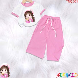 Bộ đồ bé gái tay ngắn quần ống rộng thun gân lạnh cho bé 6kg đến 30kg.TNQD01.