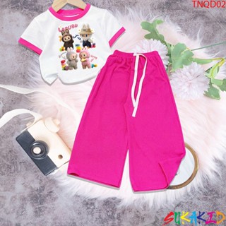Bộ đồ bé gái tay ngắn quần ống rộng thun gân hình in labubu cho bé 6kg đến 30kg.TNQD02.