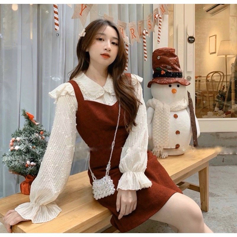 Set đầm yếm đỏ kèm áo sơ mi cổ sen (về thêm đen)