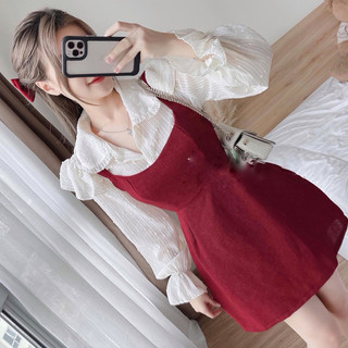 Set đầm yếm đỏ kèm áo sơ mi cổ sen (về thêm đen)