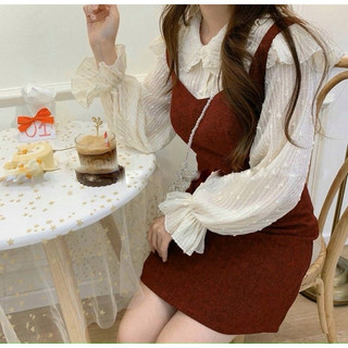 Set đầm yếm đỏ kèm áo sơ mi cổ sen (về thêm đen)
