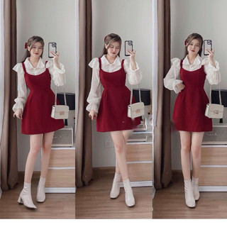 Set đầm yếm đỏ kèm áo sơ mi cổ sen (về thêm đen)