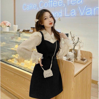 Set đầm yếm đỏ kèm áo sơ mi cổ sen (về thêm đen)