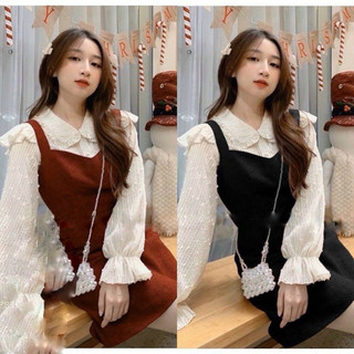 Set đầm yếm đỏ kèm áo sơ mi cổ sen (về thêm đen)