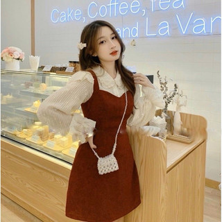 Set đầm yếm đỏ kèm áo sơ mi cổ sen (về thêm đen)