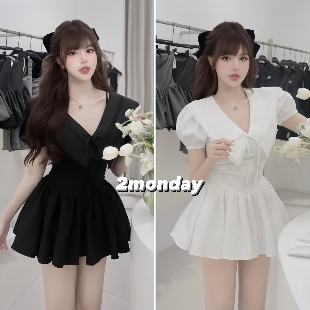 VÁY CỔ NHỌN VIỀN REN ĐÍNH NƠ MAIPHUONGBUI TAY BỒNG CHIẾT EO SIÊU XINH V24