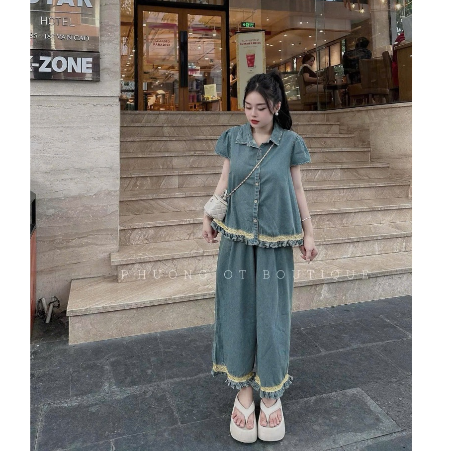 S666 SET 2 MÓN ÁO JEAN PHỐI BÈO + QUẦN JEAN DÀI BÈO (TÁO ĐỎ BIGSIZE 55-90KG) 🍎🍎🍎