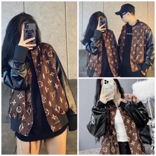 Áo Bomber Họa Tiết LV Nâu Tay Da - Áo Khoác Bomber Nam Nữ Unisex Freesize