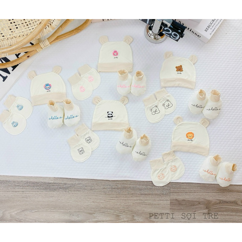 Set 3 món mũ+ bao tay+bao chân cho bé chất thun lạnh siêu mềm