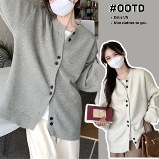 Áo khoác cardigan nữ cổ tròn dài tay cúc đôi form rộng dáng trơn len mịn basic ullzang DELIZ
