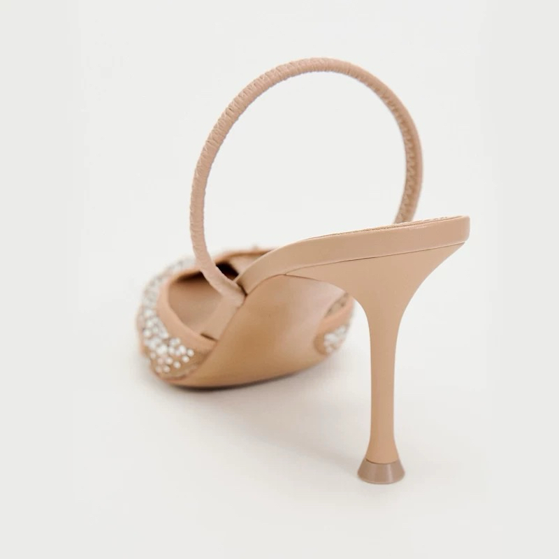 Giày cao gót ZR vải lưới đính đá hạt bling FULLBOX, TAG, giày slingback mũi nhọn màu nâu sang chảnh (FORM NHỎ)) | BigBuy360 - bigbuy360.vn