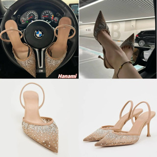 Giày cao gót ZR vải lưới đính đá hạt bling FULLBOX, TAG, giày slingback mũi nhọn màu nâu sang chảnh (FORM NHỎ))