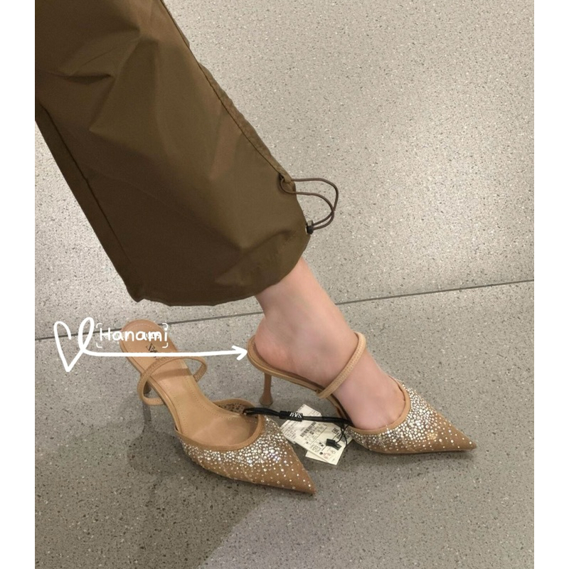 Giày cao gót ZR vải lưới đính đá hạt bling FULLBOX, TAG, giày slingback mũi nhọn màu nâu sang chảnh (FORM NHỎ)) | BigBuy360 - bigbuy360.vn