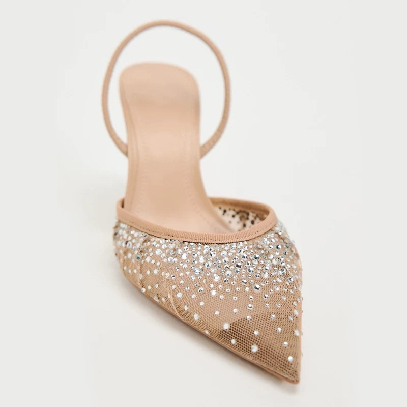 Giày cao gót ZR vải lưới đính đá hạt bling FULLBOX, TAG, giày slingback mũi nhọn màu nâu sang chảnh (FORM NHỎ)) | BigBuy360 - bigbuy360.vn