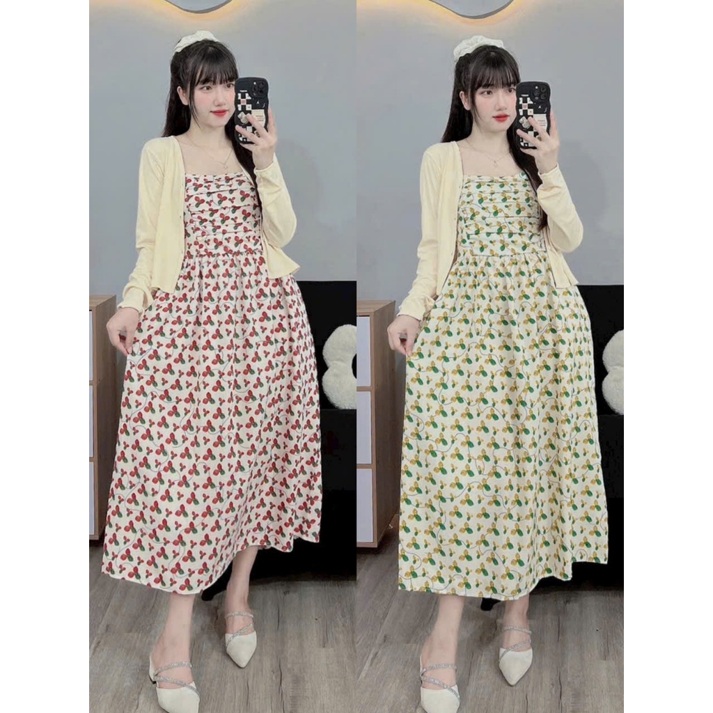 Đầm Váy Đầm Bầu 2 Dây Hoa Hồng + Áo Choàng Xinh Xắn Mặc Đi Tiệc Công Sở Dạo Phố Hè Thu, Thai Sản Thoải Mái - Đầm Bầu