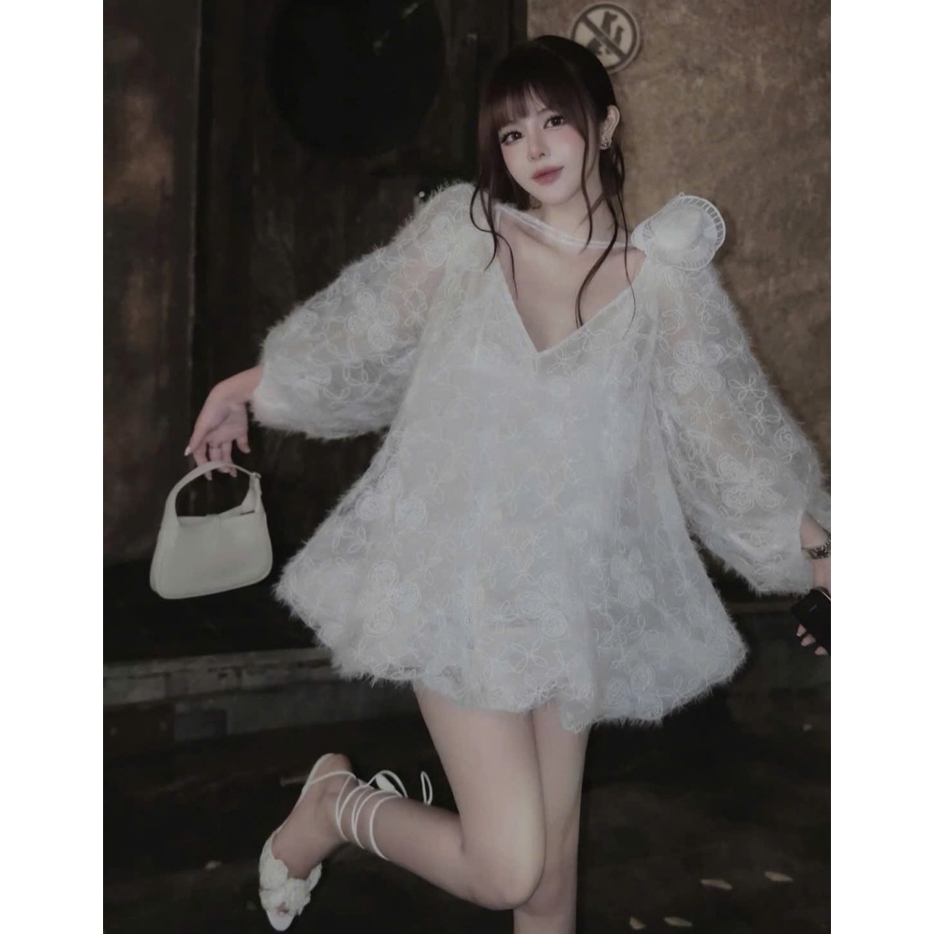 ÁO ren tơ hoạ tiết bông babydoll kèm hoa KHANHTHU