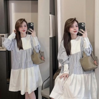 Đầm váy nữ babydoll dài tay phối kẻ sọc xinh xắn, dễ thương, mẹ bầu bon chen tốt