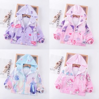 Áo khoác gió 2 lớp cho bé gái dày dặn hoạt hình Kuromi, Elsa, Melody.. mẫu mới có mũ trùm đầu cho bé từ 2-8 tuổi