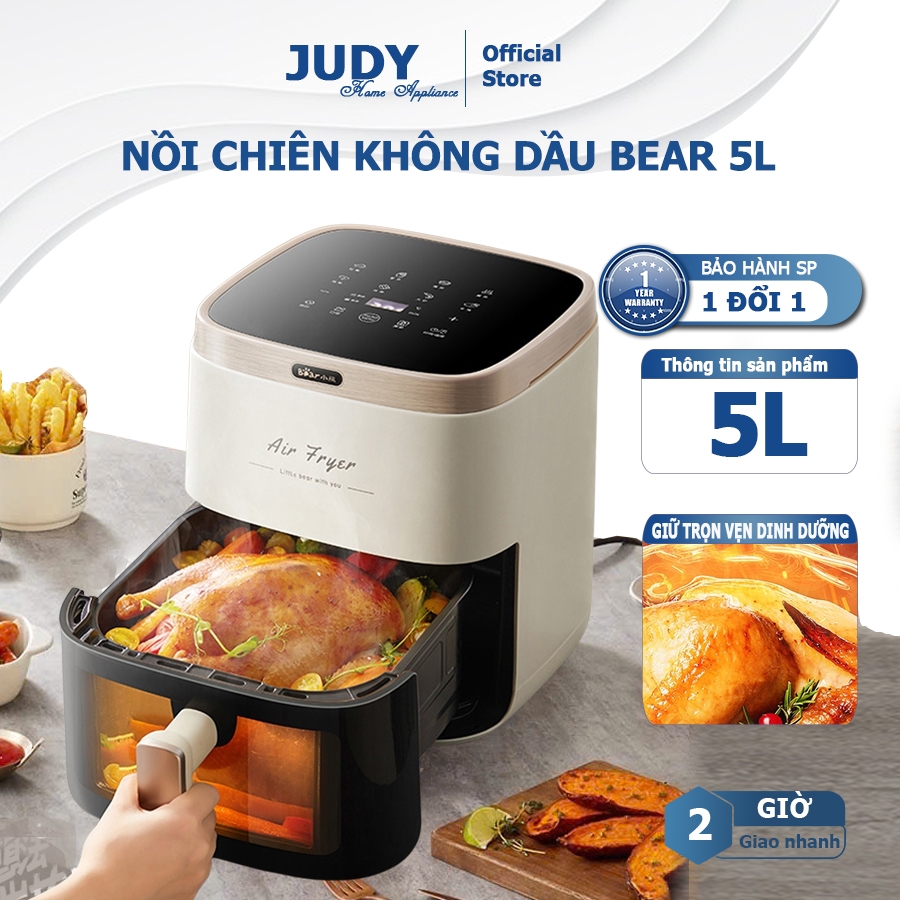 Nồi chiên không dầu Bear 5L QZG-P15R8 công suất 1500W, cửa kính trong suốt quan sát đồ ăn, màn hình 