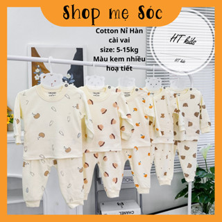 Bộ quần áo COTTON NỈ HÀN dài tay cài vai thu đông nền trắng kem cho bé trai bé gái 5-15kg mesocshop