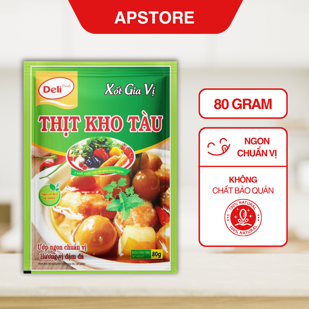 Thịt Kho Tàu Deli Foods gói 80gr, Gia vị hoàn chỉnh Thịt Kho Tàu Deli Foods cho 500gr thịt.