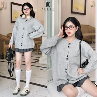 Áo cardigan len mịn chất mềm form rộng dáng trơn basic 2 màu kem xám cúc đôi bo viền hàn quốc DELIZ