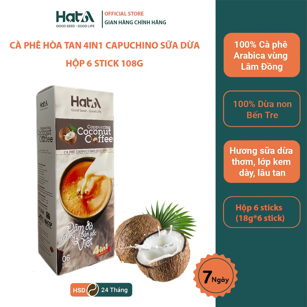 Cà phê hòa tan capuchino sữa dừa 4 In 1 Hạt A Cafe hộp 108g/ 06 Gói - sử dụng cà phê rang xay nguyên