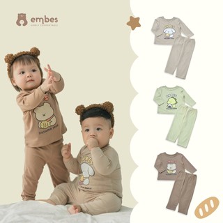 Bộ Thun Dài Tay Cho Bé Embes Chất Cotton Mềm Mịn Họa Tiết Hình In Cho Bé Trai Bé Gái Size 8kg-17kg