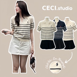 Áo Len Nữ Mongtoghi Cộc Tay Cổ Polo Xẻ V Thêu Ngựa Chất Len Mỏng Nhẹ - Áo Polo Nữ Tính Trẻ Trung -CECI.studio - A453