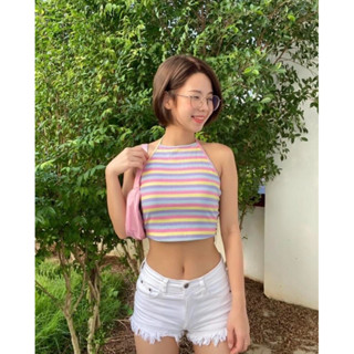  ✨Luminous - Áo croptop hai dây cột cổ hở lưng thắt nơ phía sau sọc ngang nhiều màu dễ thương ✨ 