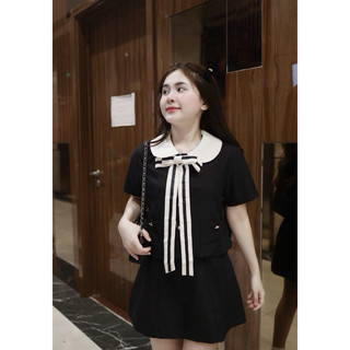 SET ÁO CROPTOP CỔ SEN PHỐI NƠ TRẮNG SỌC KÈM CHÂN VÁY ĐEN (về thêm set viền xô ren)