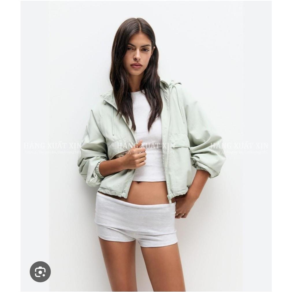 Áo khoác gió nữ croptop 2 lớp Pull$Bear hàng xuất dư xịn vải mềm mịn, có mũ tay bo màu siêu đẹp