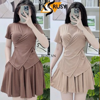 Set Áo Xoắn Eo Nữ Kèm Quần Váy Xoè, Set Bộ Nữ Hack Eo Chất Thun Tâm Váy Ngắn RUSY