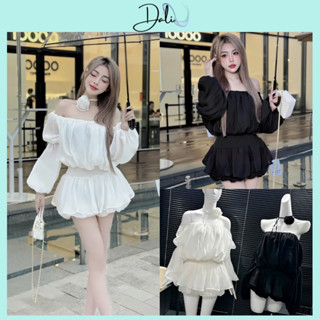 Set Mùa Thu Gồm Áo Tơ Trễ Vai Tay Bồng Dài Tay + Quần Phồng Tặng Kèm Dây Hoa Mix Rời