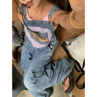 Quần Yếm Denim Cho Nữ Mới Thêu Rời Áo Liền Quần Mỹ Retro Túi Lớn Cho Nam Nữ