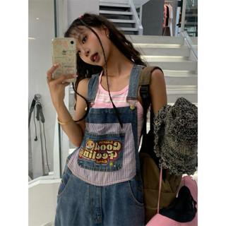 Quần Yếm Denim Cho Nữ Mới Thêu Rời Áo Liền Quần Mỹ Retro Túi Lớn Cho Nam Nữ