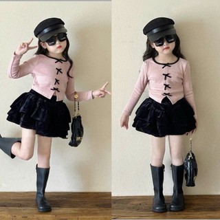 S91 - Set bộ bé gái, Set váy bé gái áo dài tay màu hồng đính nơ mix chân váy ngắn xòe đen cho bé gái diện xinh 8 -30kg