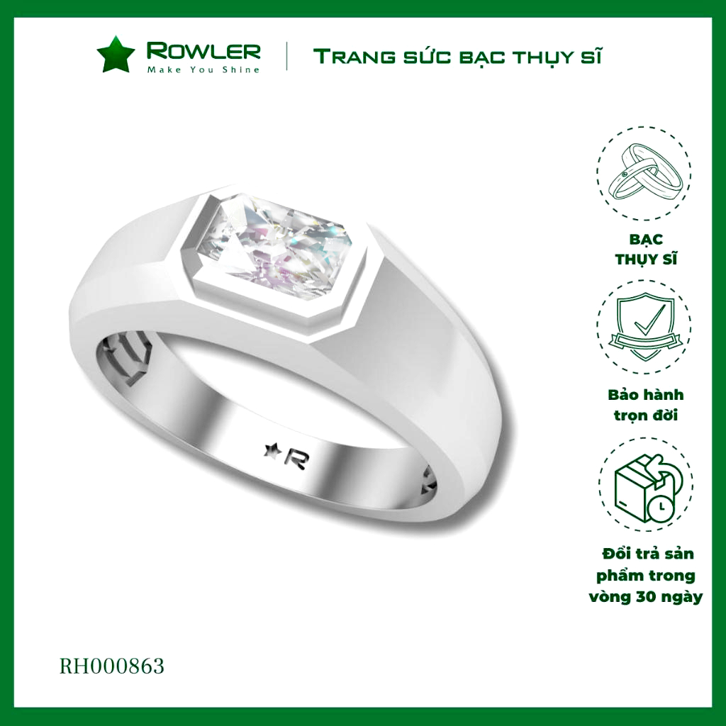 Nhẫn bạc unisex đính đá Moissanite chữ nhật sang trọng Trang sức bạc Thụy Sĩ cao cấp ROWLER RH000863