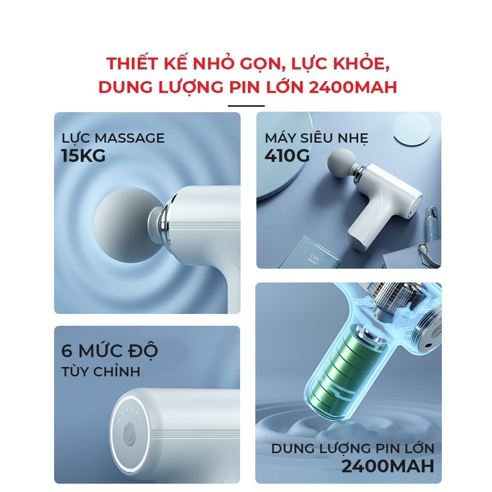 Máy Massage MEXI Cầm Tay Mini, Massage Cầm Tay Mini Toàn Thân 6 Cấp Độ Chuyên Sâu Đa Năng, 4 Đầu