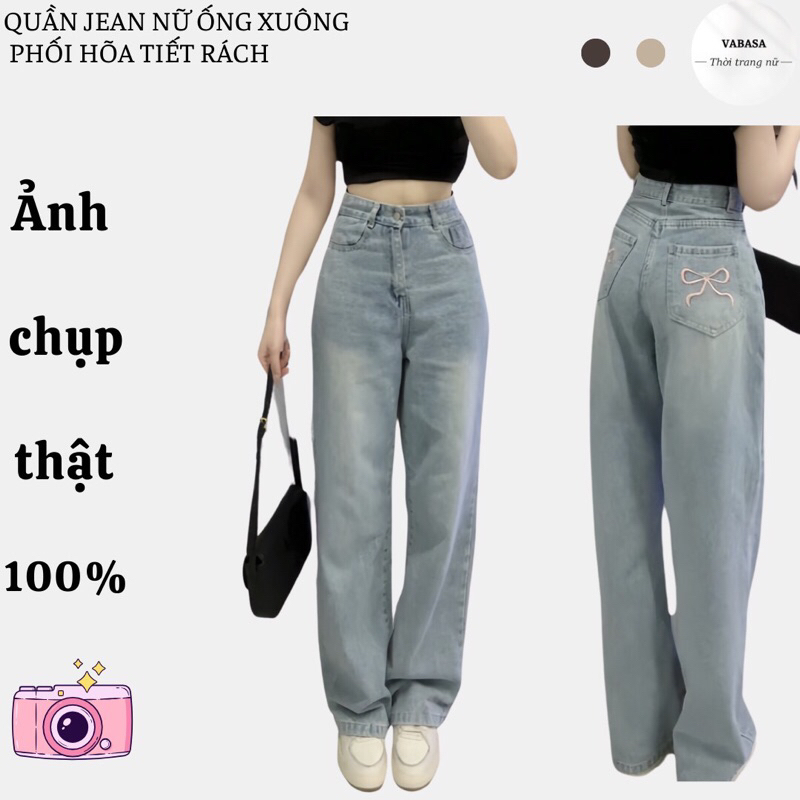 ( có bản NẤM LÙN ) QUẦN JEANS NỮ ỐNG XUÔNG THÊU NƠ HỒNG xinh xắn
