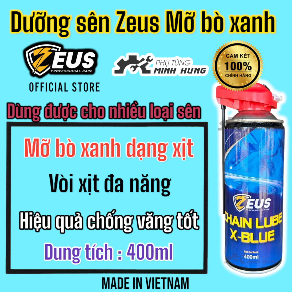 DƯỠNG SÊN ZEUS ( **MỠ BÒ XANH DƯƠNG ) DẠNG XỊT X-BLUE 400ML CHỐNG VĂNG >>>